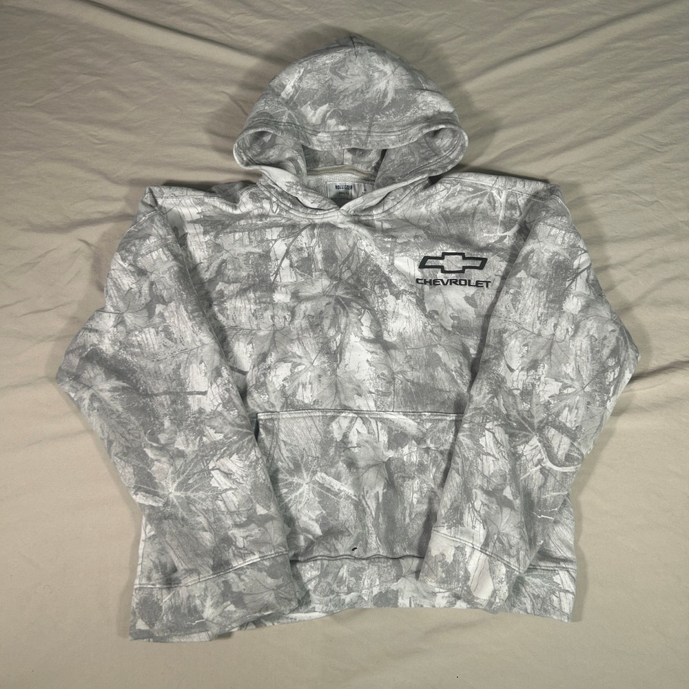 Hollister Chevrolet Graphic Hoodie Mens Medium Grey Leaf Camo Boxy Fit Sweatsirt